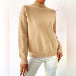 Mock Neck Drop Shoulder Sweater. Tan. Size Large.
